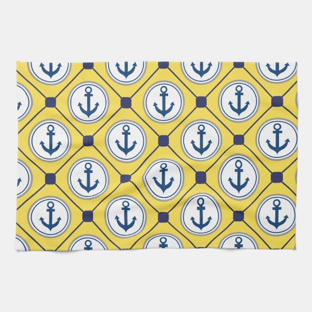 Yellow Nautical Anchor Pattern Tea Towel (Horizontal)