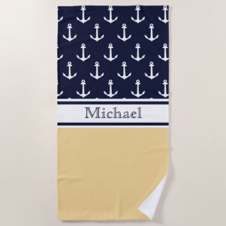 Yellow Navy Blue Anchor Pattern Name Nautical Beach Towel