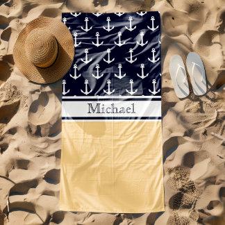 Yellow Navy Blue Anchor Pattern Name Nautical Beach Towel
