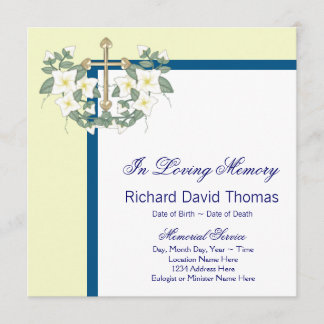 Yellow Navy Blue Cross In Loving Memory Memorial Invitation