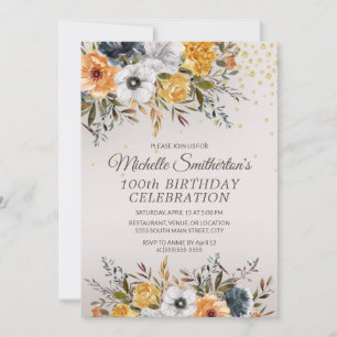 Yellow Navy Blue Floral Glitter 100th Birthday Invitation