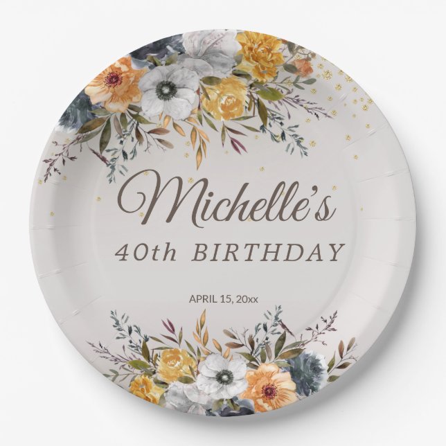 Yellow Navy Blue Floral Glitter 40th Birthday Name Paper Plate (Front)