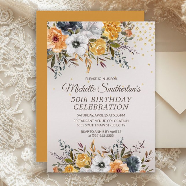 Yellow Navy Blue Floral Glitter 50th Birthday Invitation (Rustic navy blue and mustard yellow watercolor floral women's 50th birthday party invitaton)