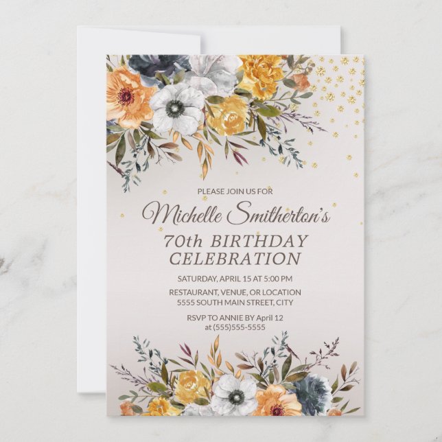 Yellow Navy Blue Floral Glitter 70th Birthday Invitation (Front)
