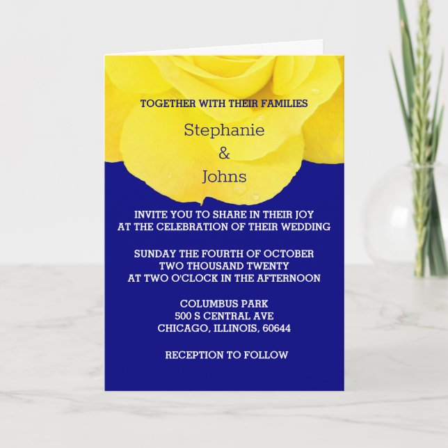 Yellow Navy Blue Floral Rose Classy Wedding  Invitation (Front)