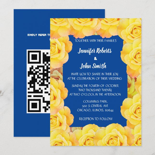 Yellow Navy Blue Floral Rose Cool QR Code Wedding Invitation (Front/Back)