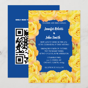 Yellow Navy Blue Floral Rose Cool QR Code Wedding Invitation