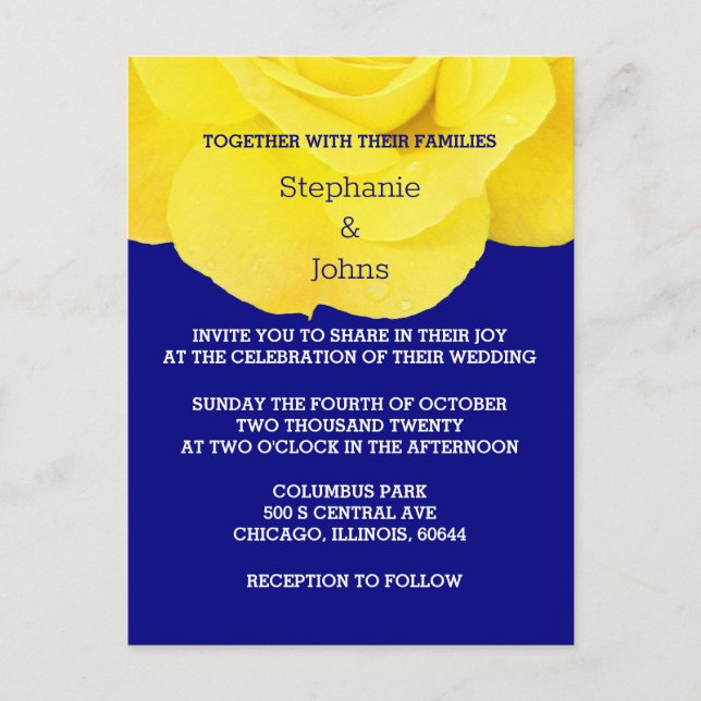 Yellow Navy Blue Floral Rose Simple Wedding  Invitation Postcard (Front)