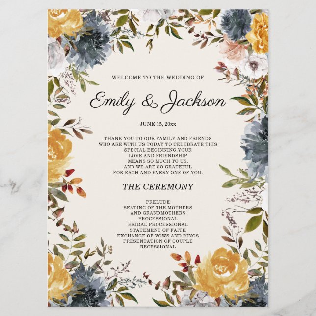 Yellow Navy Blue Floral Wedding Program  Programme (Front)