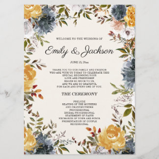 Yellow Navy Blue Floral Wedding Program Programme