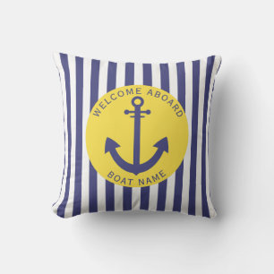 Yellow Navy Blue Stripe Boat Name Anchor Nautical  Cushion