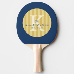 Yellow Navy Blue Striped Circle Family Monogram Ping Pong Paddle