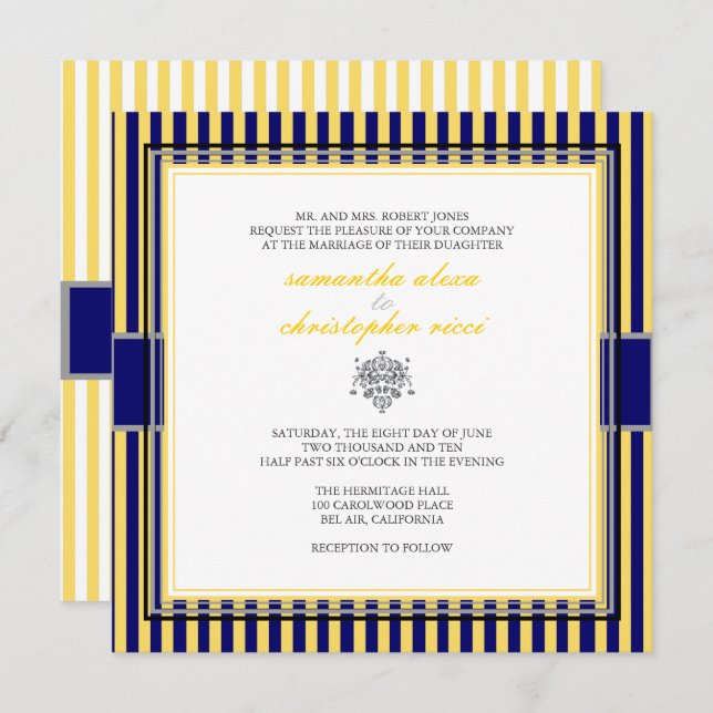 YELLOW+NAVY BLUE STRIPS WEDDING INVITATIONS (Front/Back)