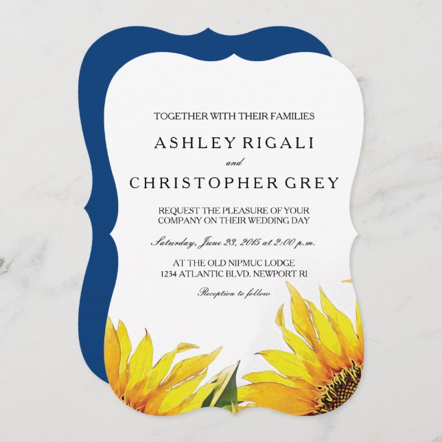 Yellow & Navy Blue Sunflower Wedding Invite (Front/Back)