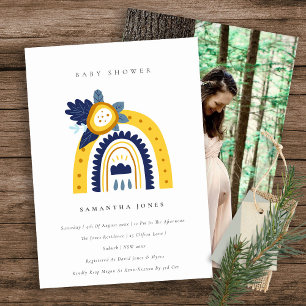 Yellow Navy Flora Rainbow Photo Baby Shower Invite