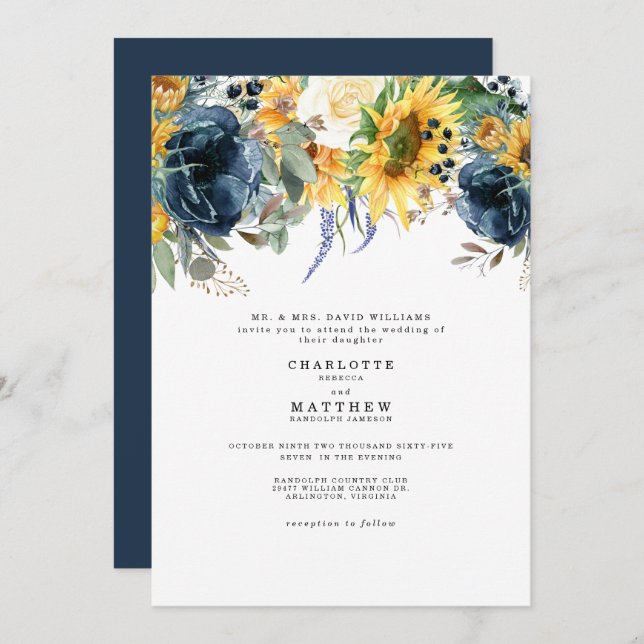Yellow & Navy Floral Wedding Invitation (Front/Back)