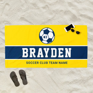 Yellow Navy Soccer Player Custom Name Beach Towel