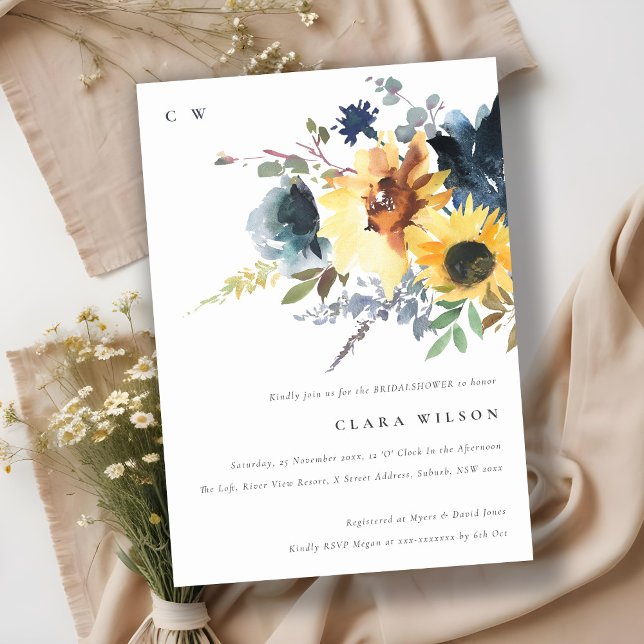 Yellow Navy Sunflower Floral Bridal Shower Invitation (Creator Uploaded)
