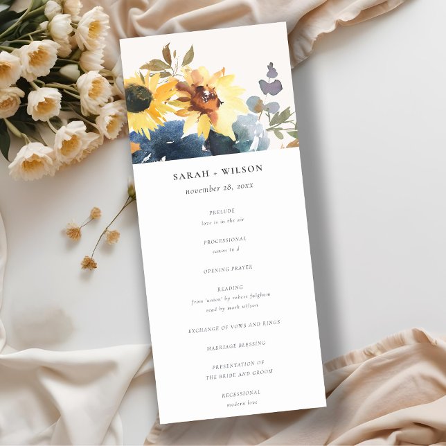 Yellow Navy Sunflower Floral Wedding Program Invitation (Creator Uploaded)