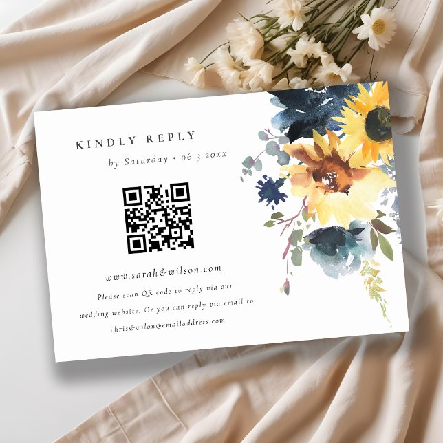 Yellow Navy Sunflower Floral Wedding QR Code RSVP Enclosure Card (Creator Uploaded)