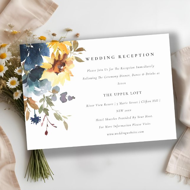 Yellow Navy Sunflower Floral Wedding Reception Enclosure Card (Creator Uploaded)