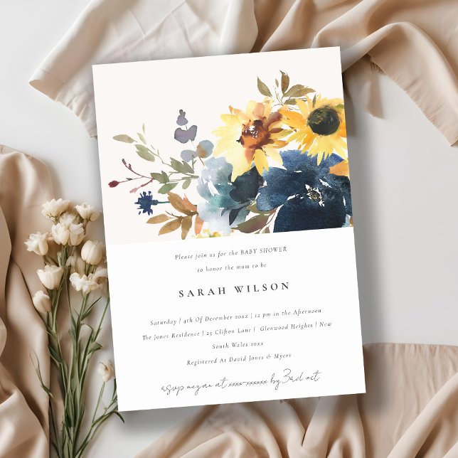 Yellow Navy Sunflowers Floral Baby Shower Invitation (Creator Uploaded)