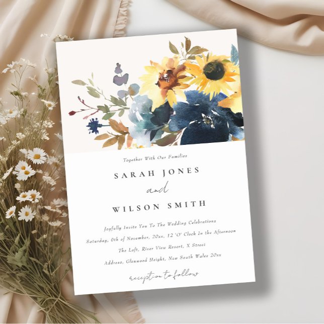 Yellow Navy Sunflowers Watercolor Floral Wedding Invitation (Creator Uploaded)