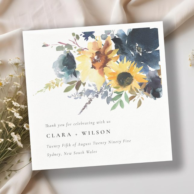 Yellow Navy Sunflowers Watercolor Floral Wedding Napkin (Creator Uploaded)
