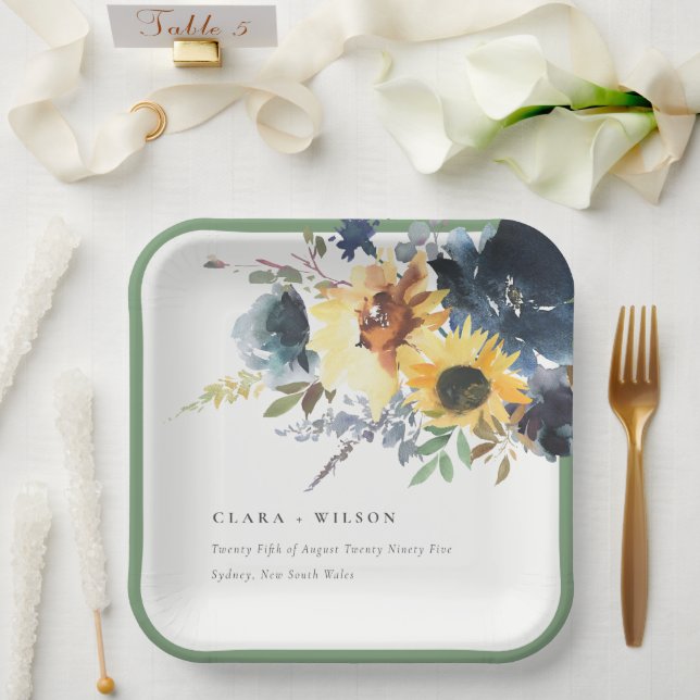 Yellow Navy Sunflowers Watercolor Floral Wedding Paper Plate (Wedding)