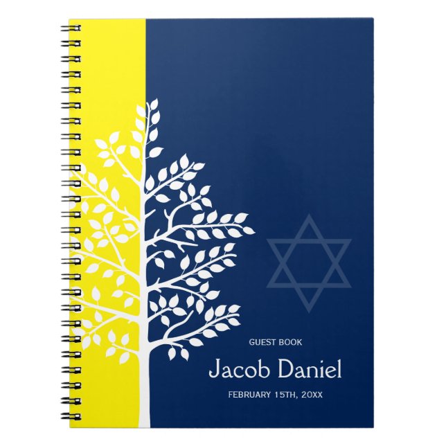 Yellow Navy Tree of Life Bar Mitzvah Guest Book (Front)