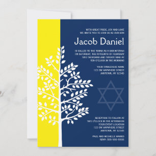 Yellow Navy Tree of Life Bar Mitzvah Invitations