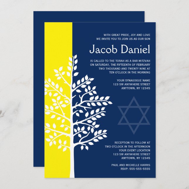 Yellow Navy Tree of Life Bar Mitzvah Invitations (Front/Back)