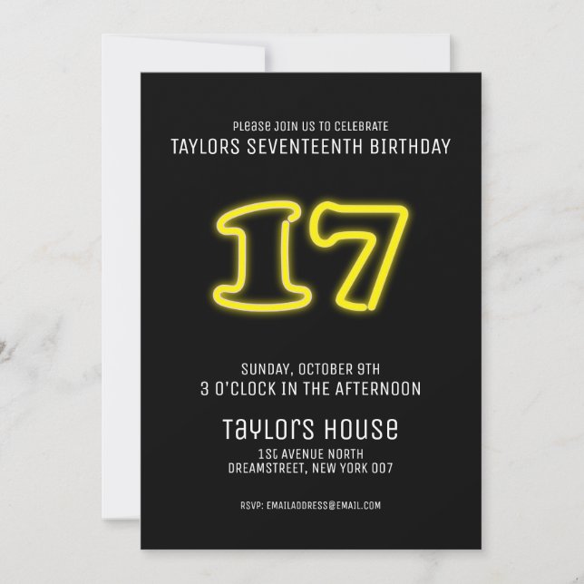 Yellow Neon Sign 17th Trendy Birthday Party Invitation (Front)