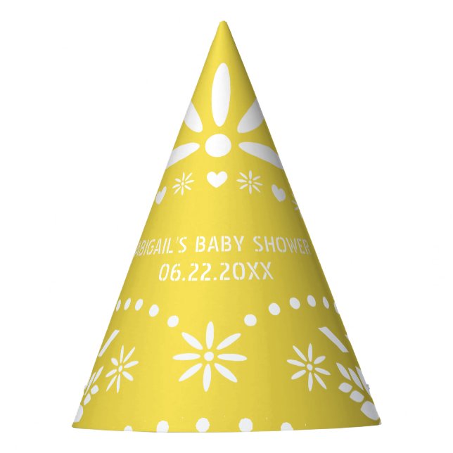 Yellow neutral gender papel picado baby shower party hat (Front)