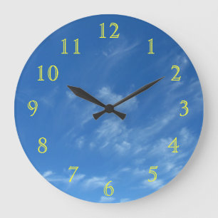 Yellow Numbers on Blue Sky Large Clock