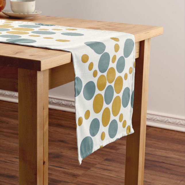 Yellow ochre and grey blue dotted stars on white short table runner (In Situ)