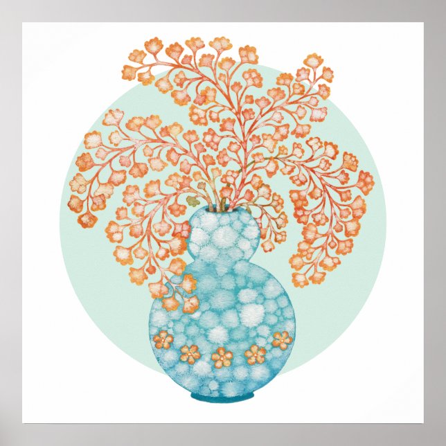 Yellow Ochre Leaves Turquoise Vase Watercolor Art Poster (Front)