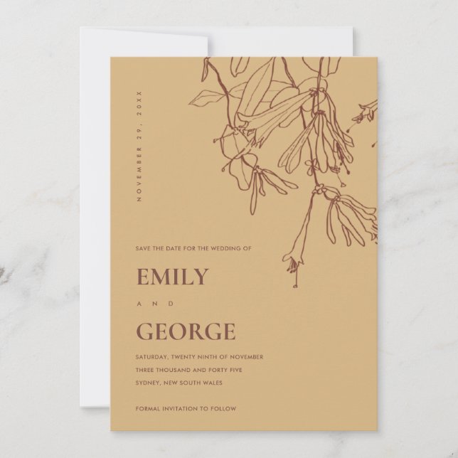 YELLOW OCHRE LINE DRAWING FLORA SAVE THE DATE CARD (Front)