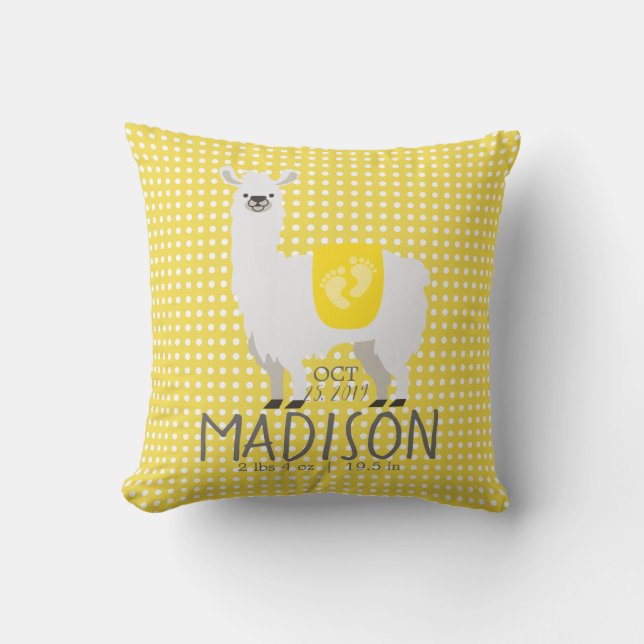 Yellow & Off-White Llama Birth Stats Throw Pillow (Front)