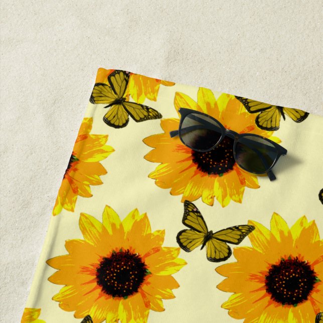 Yellow Oil Painted Sunflowers And Butterflies, Beach Towel (In Situ)