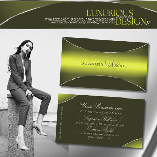 Yellow Olive Green Chic Silver Border and Monogram Business Card
