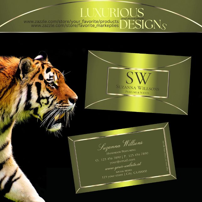 Yellow Olive Green with Golden Decor and Monogram Business Card (Creator Uploaded)