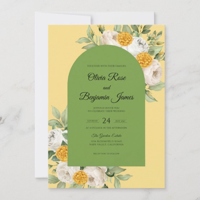 Yellow Olive Leaf Wedding Invitation (Front)