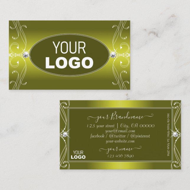 Yellow Olive Ombre Ornate Sparkle Jewels Add Logo Business Card (Front/Back)