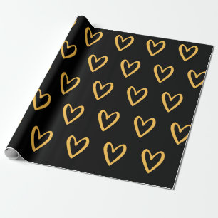 Yellow on Black Handdrawn Hearts Wrapping Paper