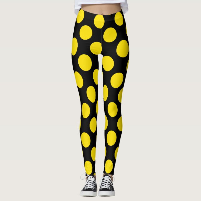 Yellow on Black Polka Dot Leggings (Front)