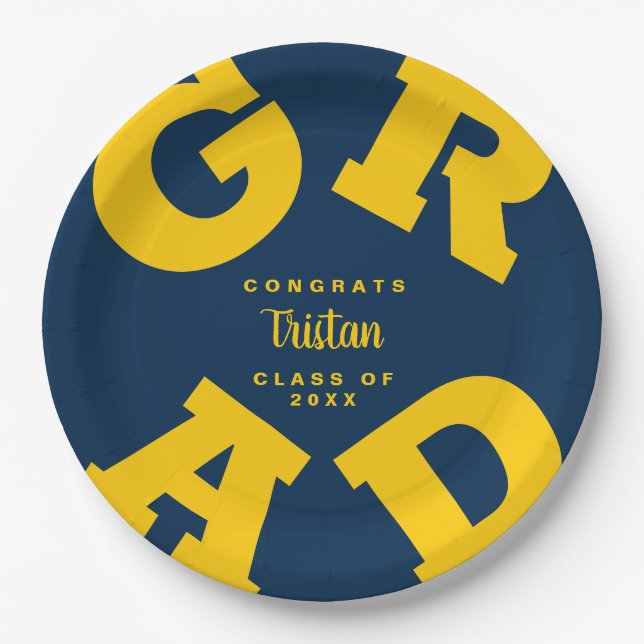 Yellow on Blue Personalised Graduation Paper Plate (Front)