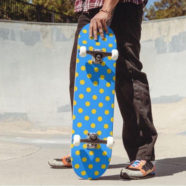 Yellow On Blue Polka Dots Pattern Design Skateboard (Creator Uploaded)