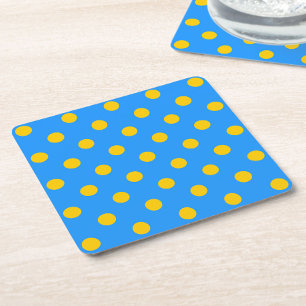 Yellow On Blue Polka Dots Pattern Design Square Paper Coaster