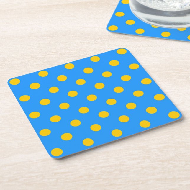 Yellow On Blue Polka Dots Pattern Design Square Paper Coaster (Creator Uploaded)